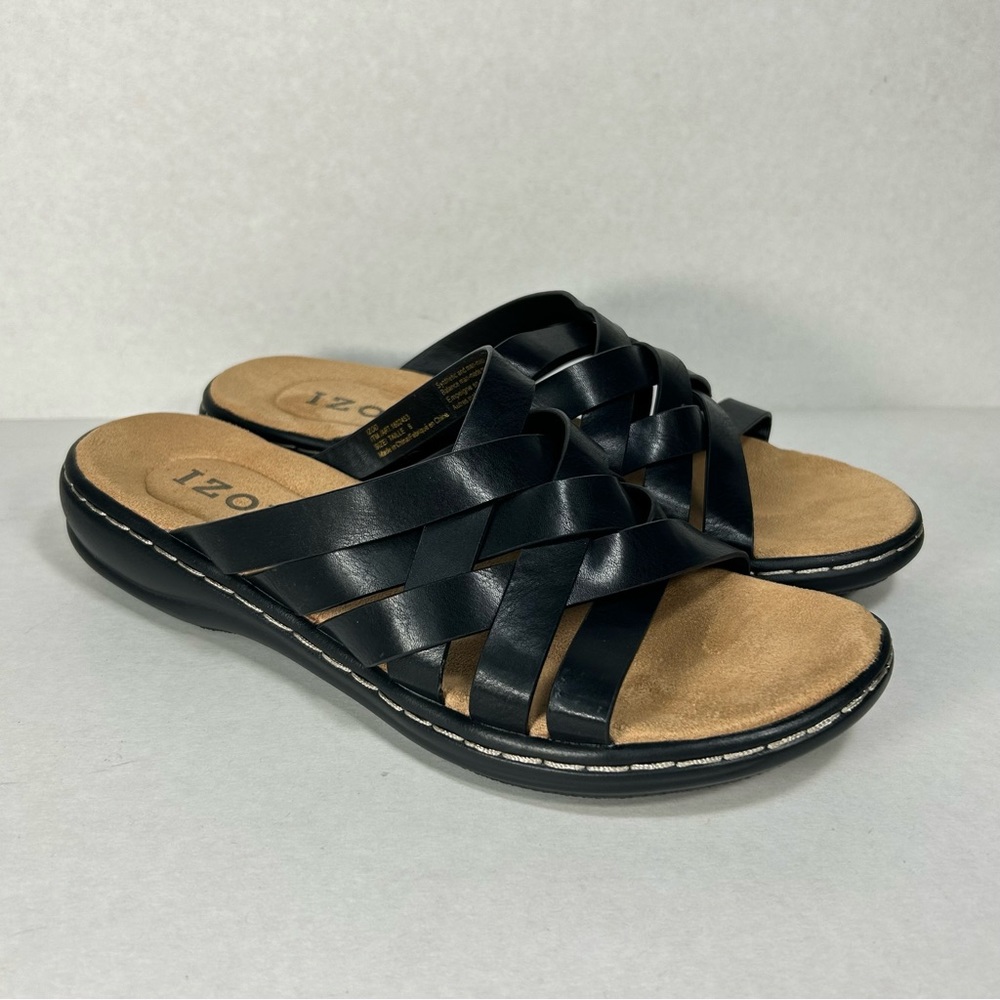 IZOD Slaight Leather BLK Crisscross Strap Slip On Sandals Women’s Sz 6 Excellent